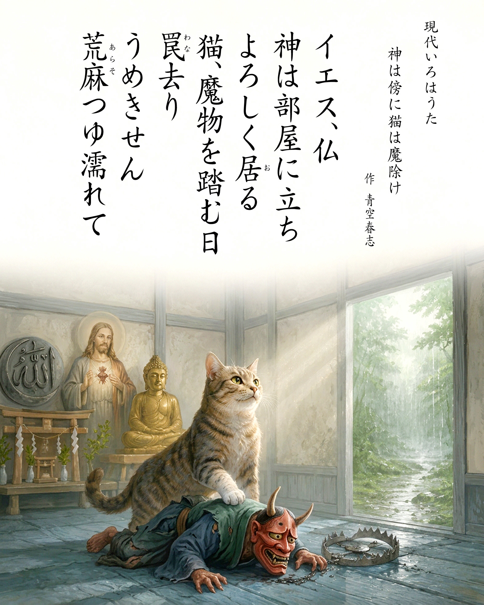 題　神は傍に猫は魔除け　青空春志