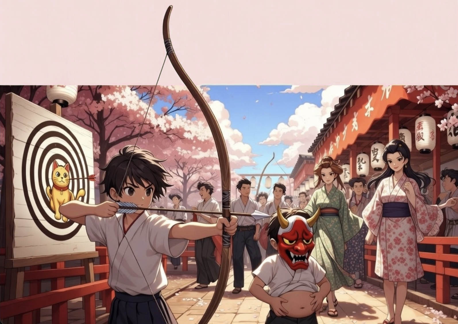 弓矢を引く若者と鬼の面