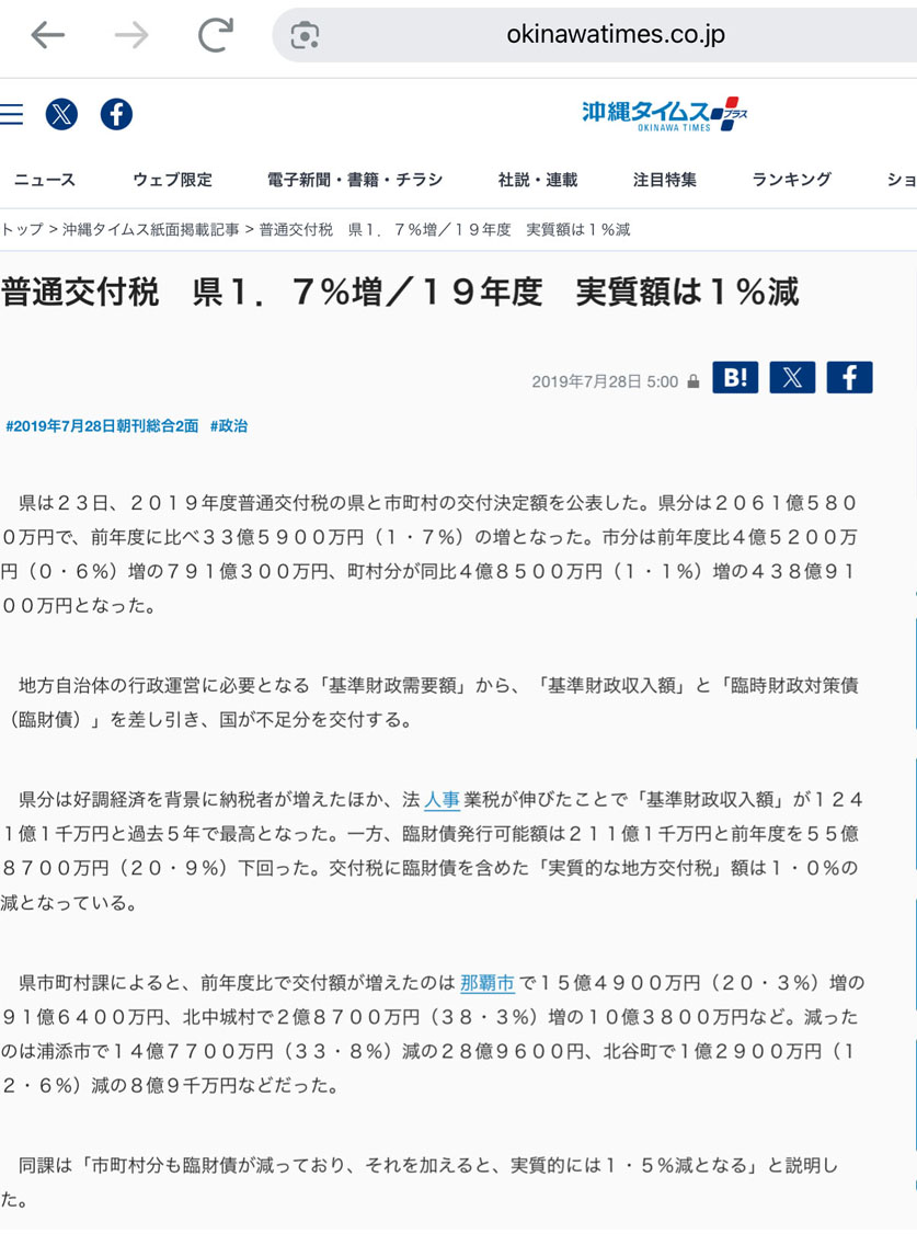 日本政府から支給される地方交付税(沖縄振興資金)2019年度