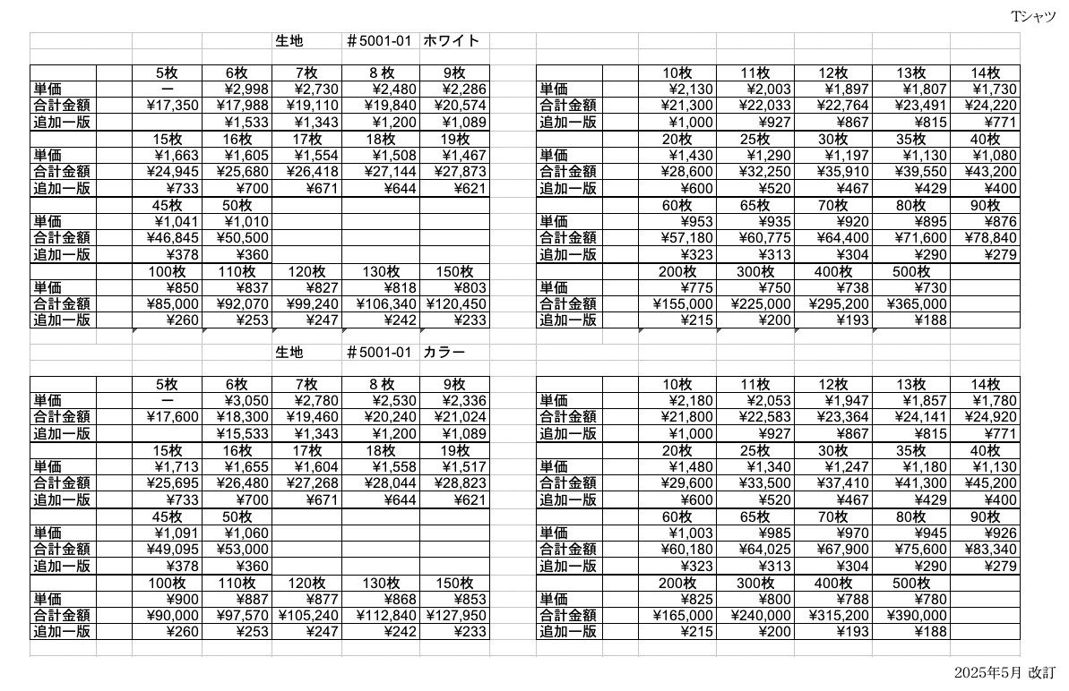 Tシャツプリント価格表